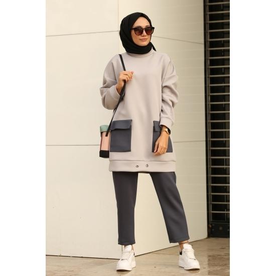 Costume islamice pentru femei, cu buzunar supradimensionat, cu talie elastică, hijab, costum casual și confort