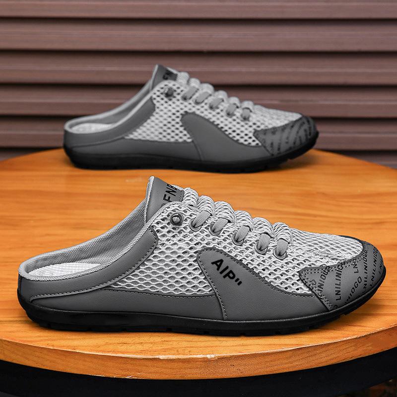 Men's summer breathable mesh semi-slippers outdoor lazy shoes trendy versatile soft-soled casual beanie shoes