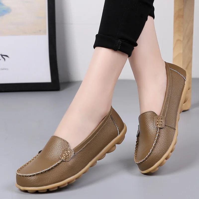 Genuine Leather Shoes Woman Soft Boat Shoes for Women Flats Shoes Big Size Ladies Loafers Non-Slip Sturdy Sole