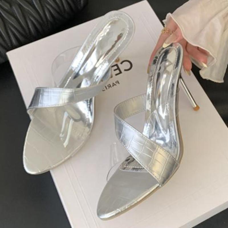 

Fashion Sexy Transparent PVC Cross Tied High Heel Slippers Women Fashion Pointed Toe Thin Heel Slide Sandals Elegant Banquet Dress Shoes 42 серебряный