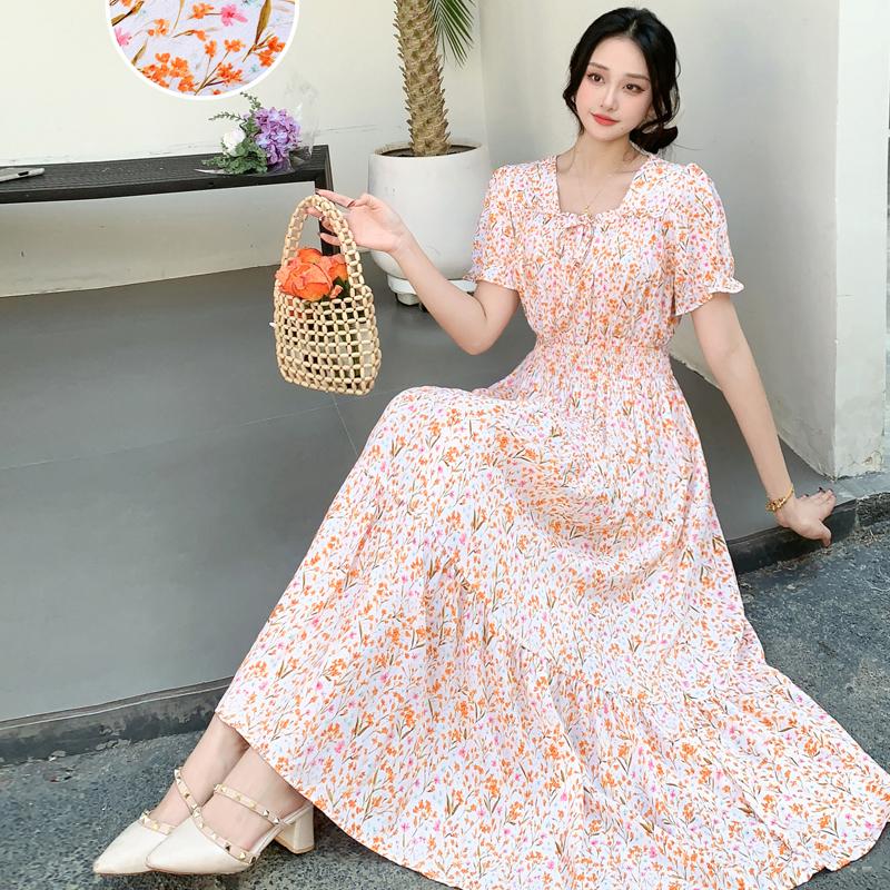 Summer Cotton Silk Floral Print Maxi Dress Bohemian Beachwear High Waist Young Women's Large Skirt Swing Dress