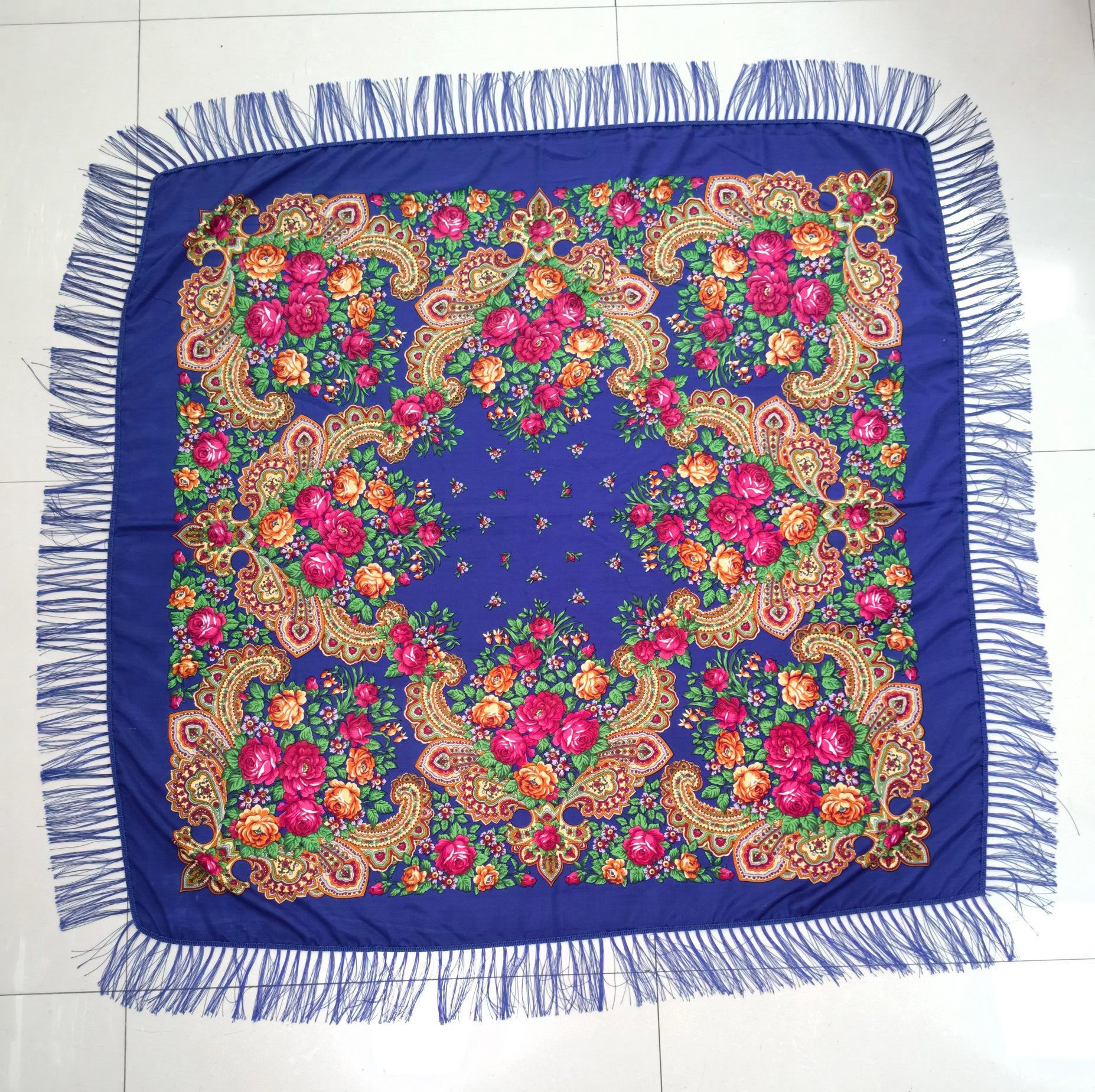 

Русская шаль с кистями большого размера для женщин - Винтажный этнический квадратный шарф с принтом 160cm x 160cm