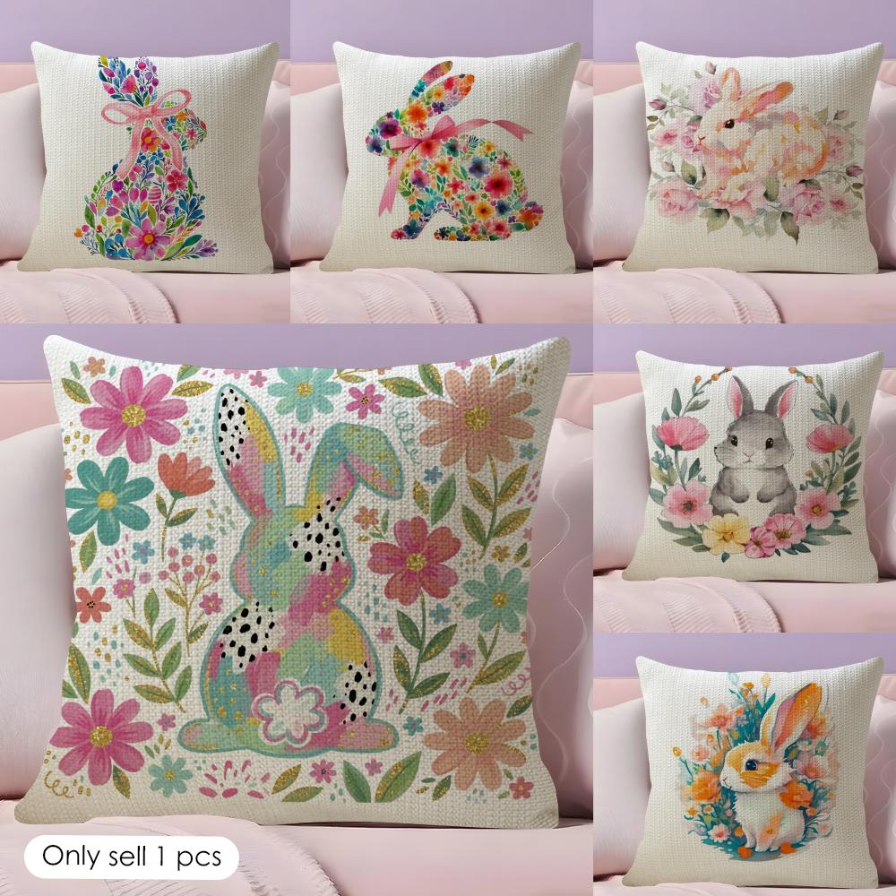 Cute Easter Bunny Cushion Cover Natural Linen Organic Fabric DoubleSided Printing Couch Pillow Covers Home Decor