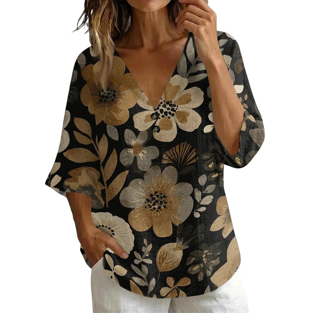 Womens V Neck Vintage Floral Print Loose Fit Short Sleeve Linen Blend T Shirt Lightweight Casual Summer Top with Button Detail