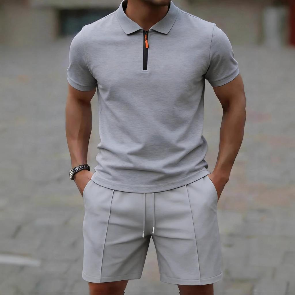 Men Casual Sports Waffle Fabric Short Sleeve Shorts Set