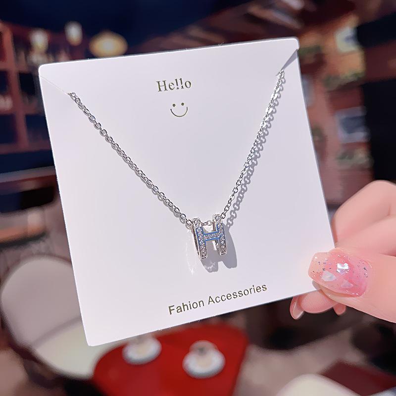 Women Silver Full Diamond H Pendant Titanium Steel Necklace Ins Style Clavicle Chain