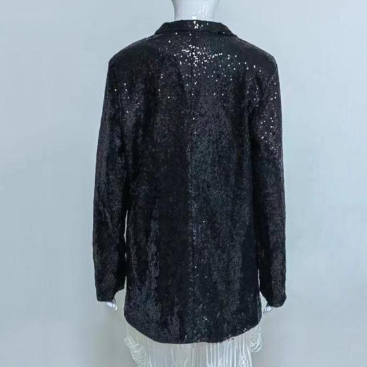 Shiny Sequins Women Casual Loose Fit Long Sleeve Cardigan Lapel Open Front Solid Color Suit Coat Clubwear Jacket