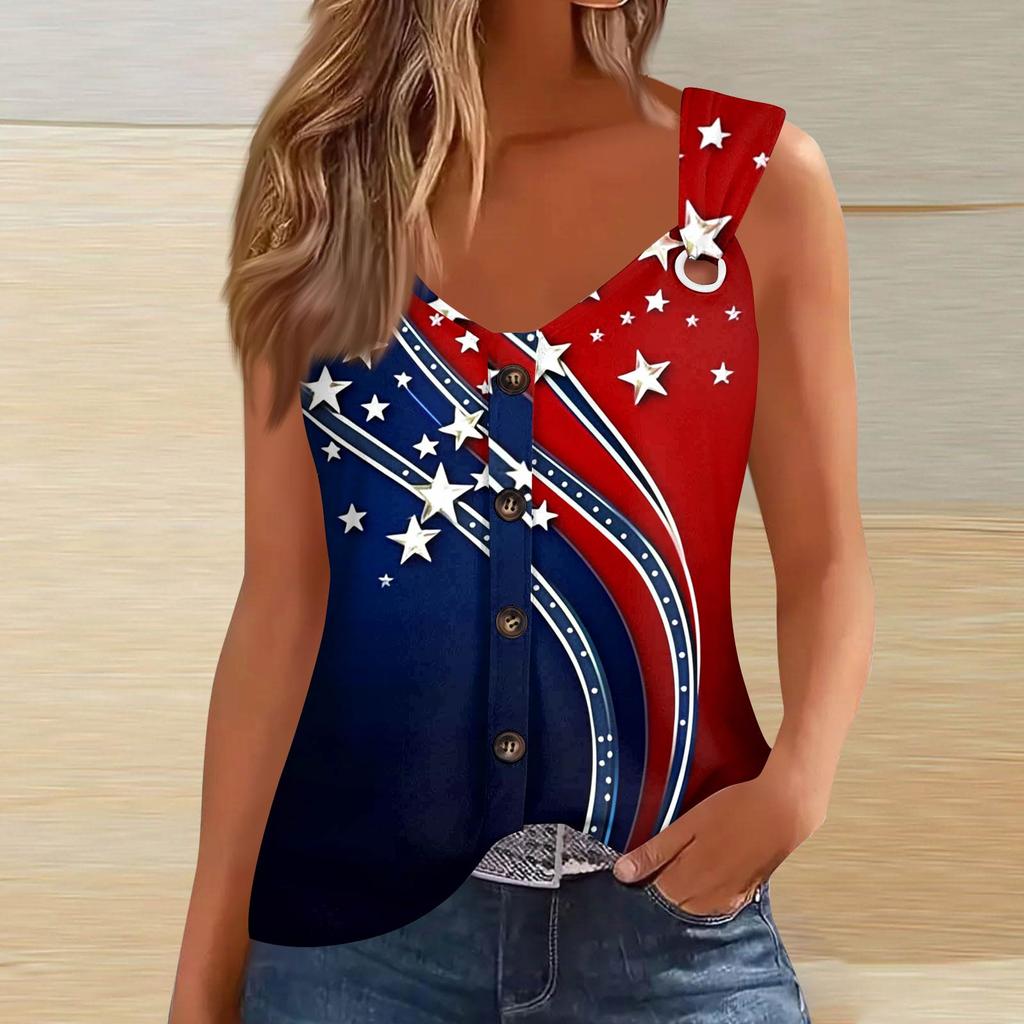 Women's Fashion Casual Loose Sleeveless Buttoned V-Neck Independence Day Printed T-Shirt Top