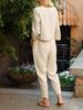 Linen Women's Solid Color Casual Suit - Retro Elastic Waist Two-Piece Set for Spring/Summer