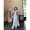 French Blue Smudge First Love Dress, Summer New Waist and Thin Temperament Bubble Lotus Leaf Plaid Long Skirt