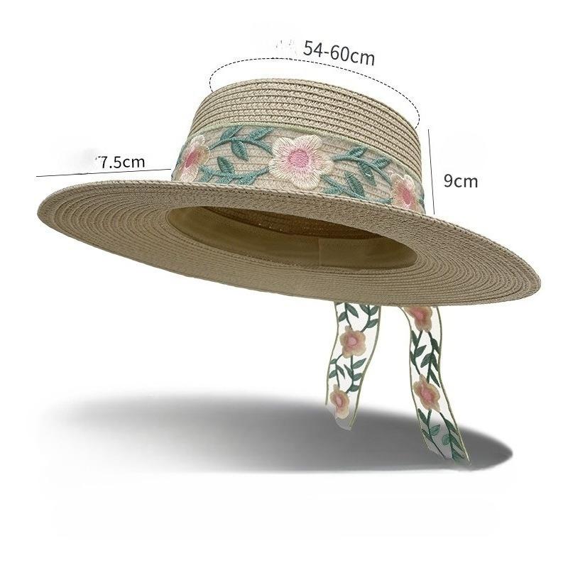 French Flat-top Flower Straw Hat High-end Seaside Vacation Beach Hat Bow Sunshade and UV-proof Sun Hat