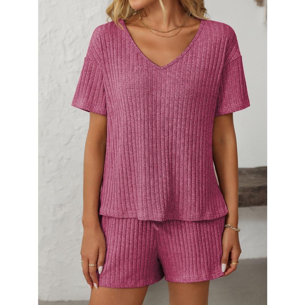 2025 Summer New Solid Color Pit Strip Pajamas Short Sleeve Home Wear Set