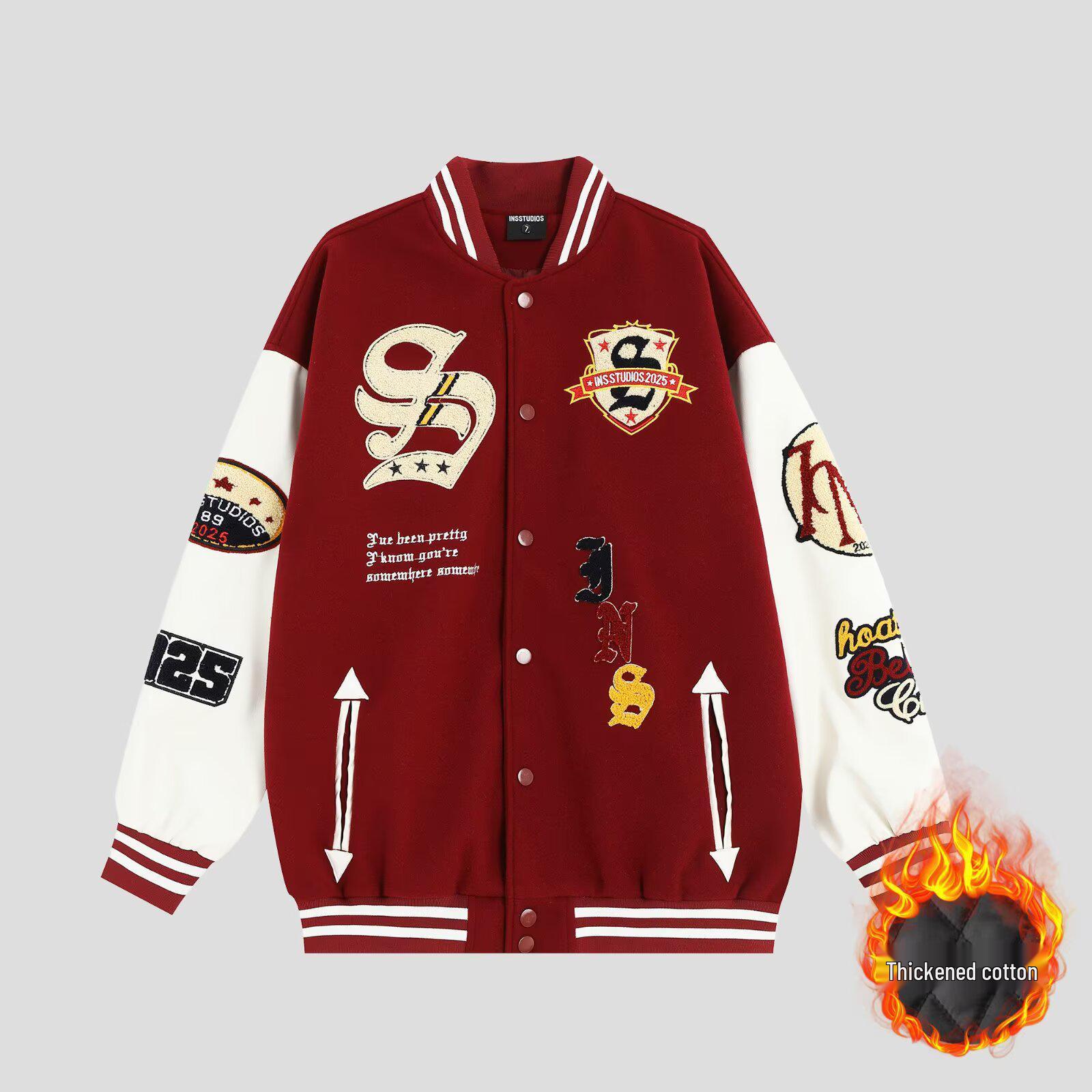 

Unisex Thick Quilted Embroidery Baseball Jacket - Loose Casual Chinese Trend, Autumn/Winter Style for Couples. L червоний