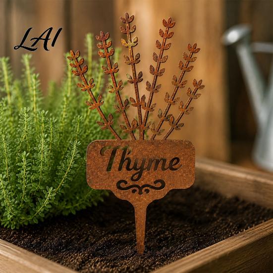 Gartendeko für Innenhöfe Rasenflächen Metallpflanzenstab Rostiges Rosmarinetikett Dekorative Kräuteretiketten Outdoor Thymian-Markierer Hofkräuter Hochbeet Pflanzgefäß