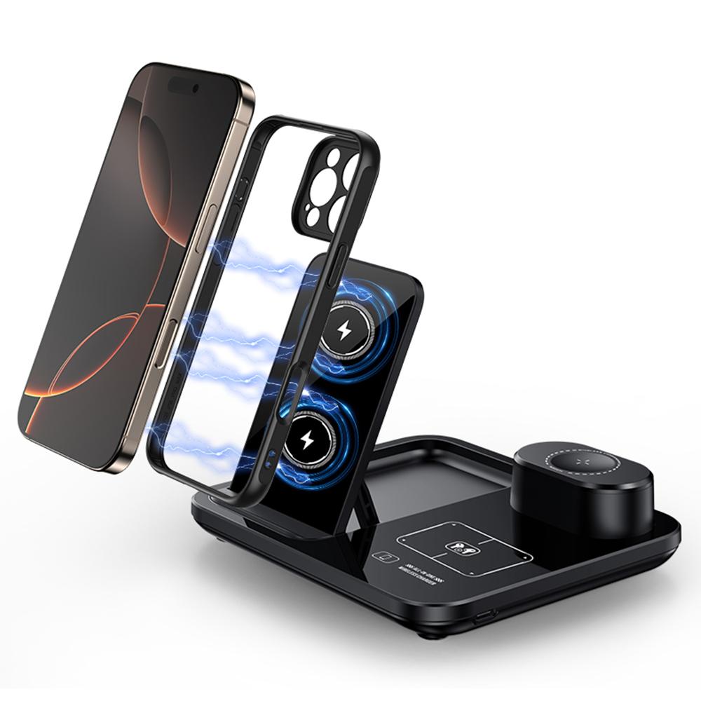 

3 in 1 Folding Desktop Phone Wireless Charger for Smartwatch/Earbuds Charging Station with Silicone Cable Tie As Shown A