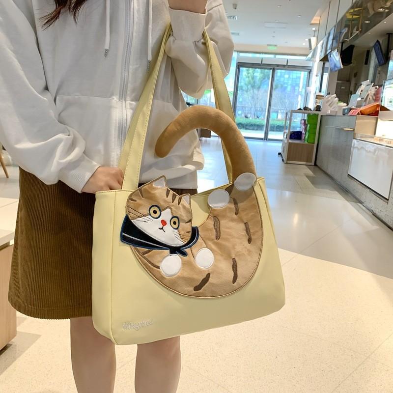 Canvas Cat Tote Bag With Contrast Color Design For Casual Girls Daily Use