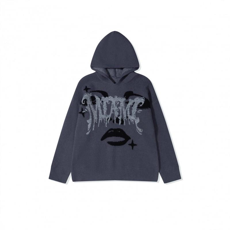 Andre Gothic Letter Jacquard Hooded Knit Sweatshirt - Streetwear Casual Dark Top Teens