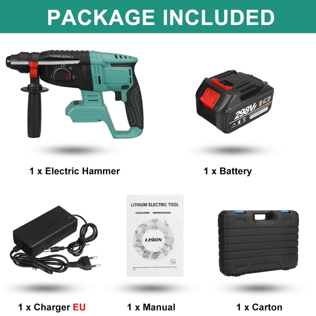 1400/min Brushless Cordless Rotary Hammer Drill 1/2 Batteries Rechargeable Electric Hammer Impact Drill for 18V Battery Green New 13.4x8.7""