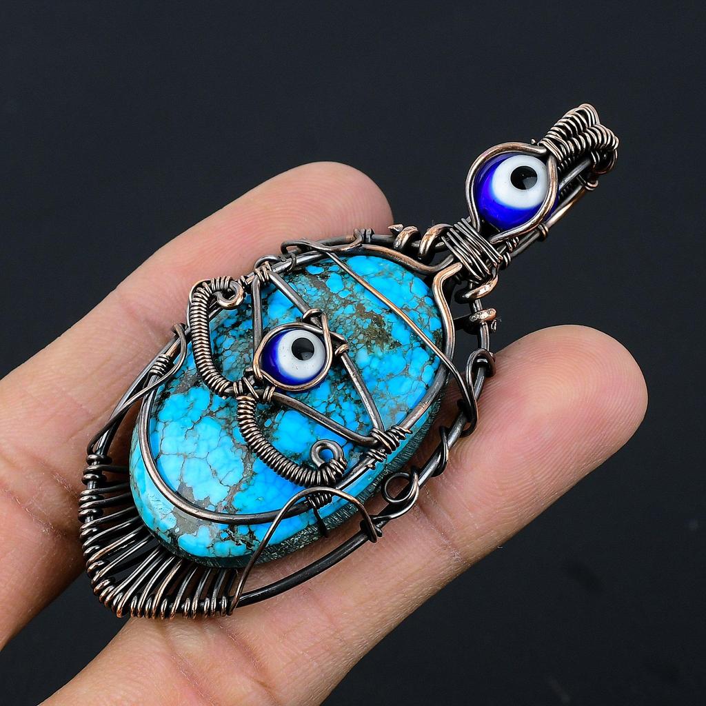 Tibetan Turquoise & Blue Evil Eye Pendant, 999 Copper Wire Wrapped Gemstone Jewelry, Handmade Pendant, For Thanksgiving