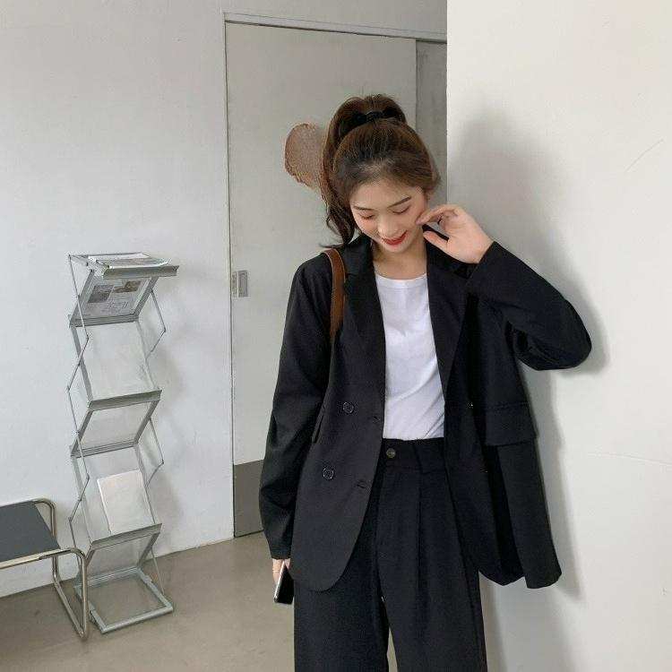 Black Suit Jacket Women s Spring and Autumn Loose Temperament All-match Long-sleeved Suit Top XS чёрный