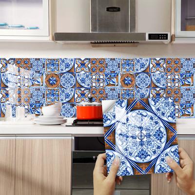 10pcs  Dream Blue Wall Tile Sticker Kitchen Backsplash Oil-proof Bathroom Waterproof Home Decor Wall Decals Peel Stick Art Mural