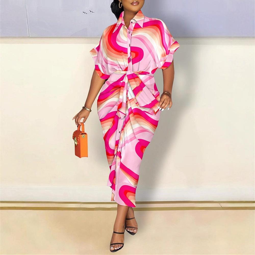 Autumn Long Sleeve V-Neck Button Print Shirt Dress Long Dress Women