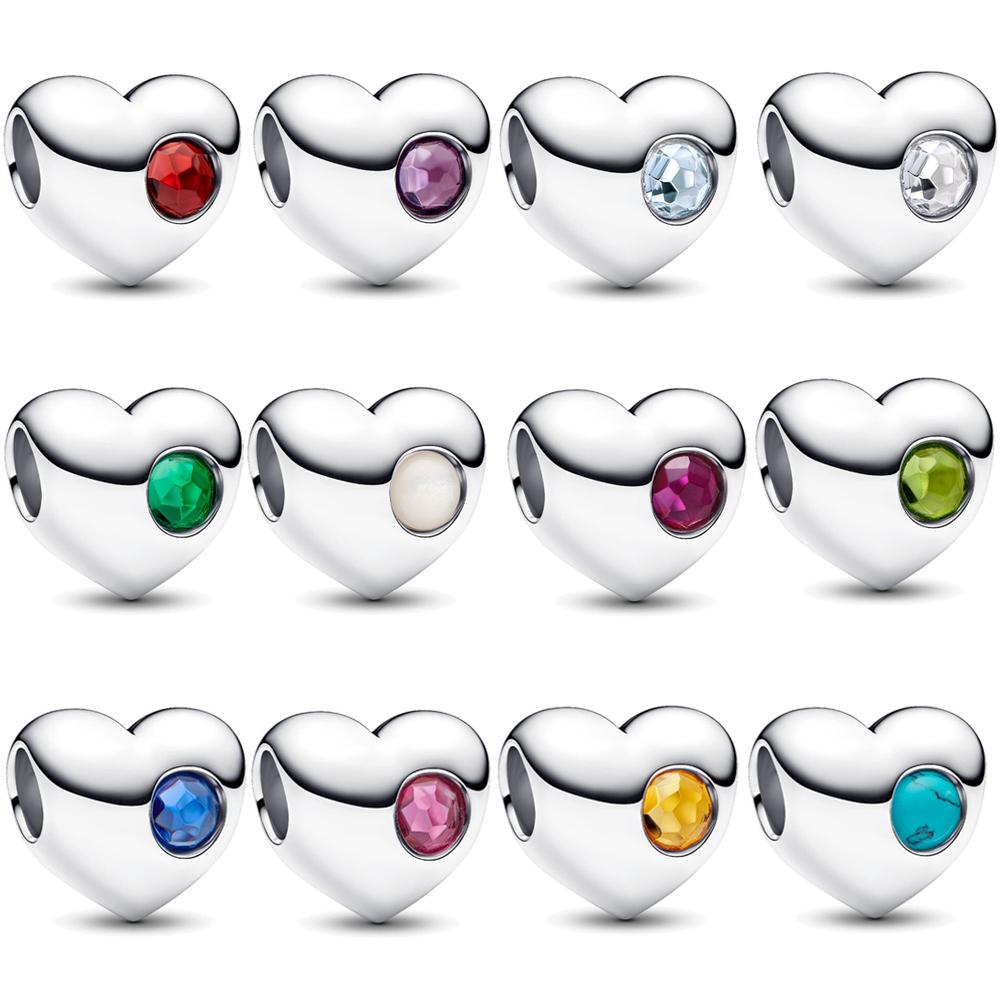 Fine Copper Twelve Birthstone Heart Beads Charm Fit Original Bracelet Women Teen Sweet Necklace Jewelry Accessories