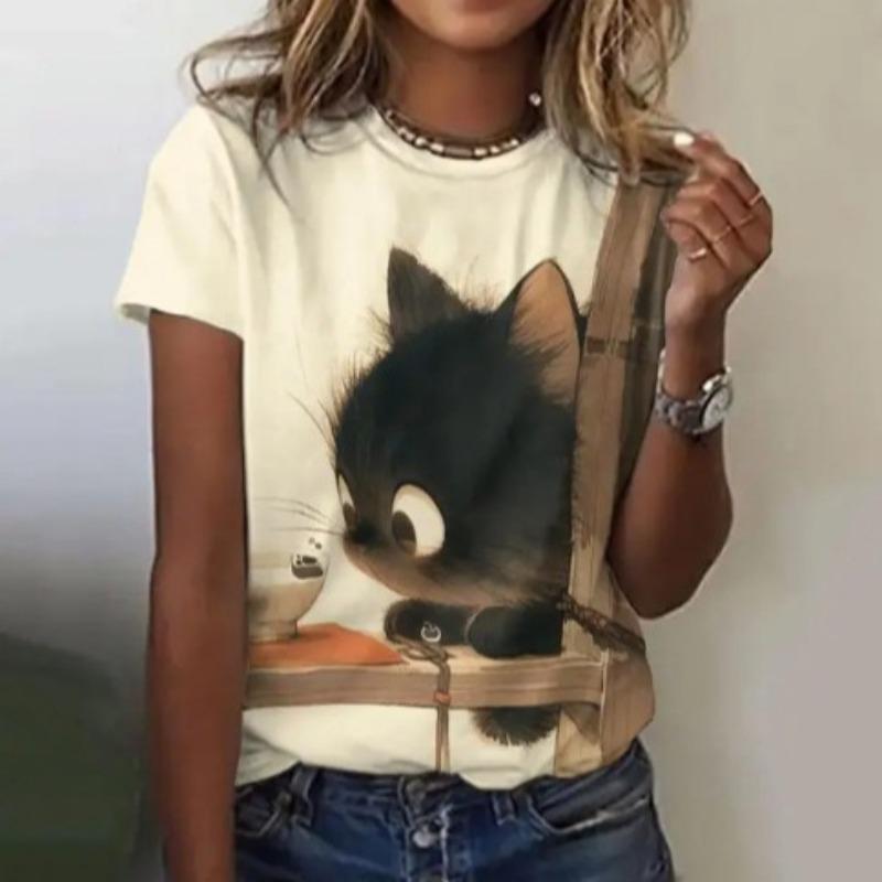 Funny Cute Cat Cartoon Printed Short Sleeved T-shirt Fashionable Loose Top T-Shirts Women’s