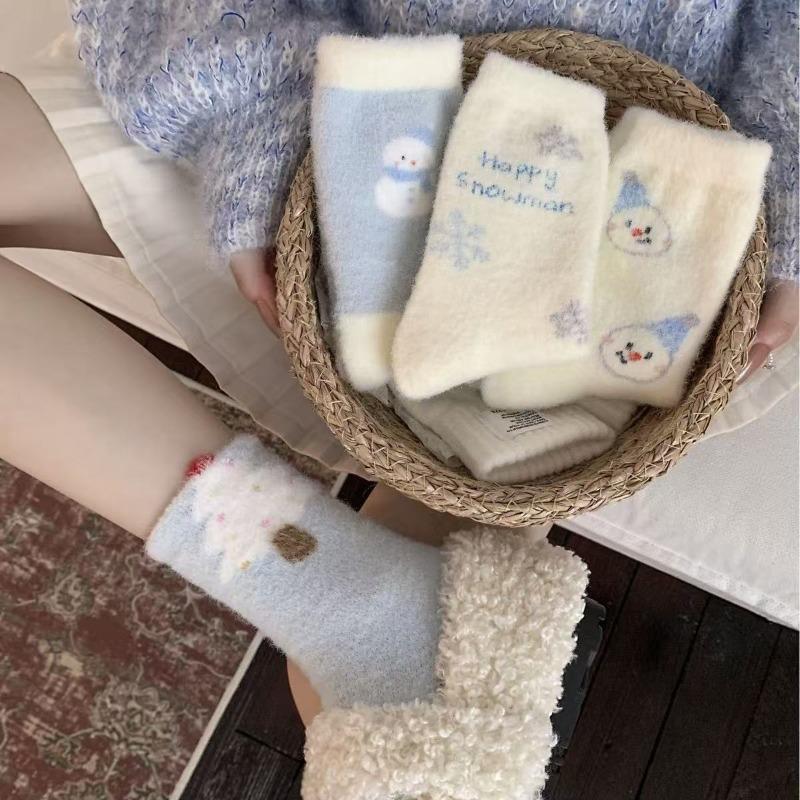 Australische Wollsocken für Damenwinter, Verdickte und warme Wadenlange Socken, Niedliche Cartoon-Schneemann-Schlafsocken, Hausbodensocken