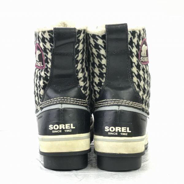 SOREL/Leather Snow Boots/23.0cm/Black×White/Houndstooth Pattern/Waterproof(USED)