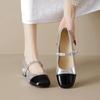 Increase the height of Mary Jane's small leather shoes to show the legs, spring and autumn niche design, pearl rectangular 