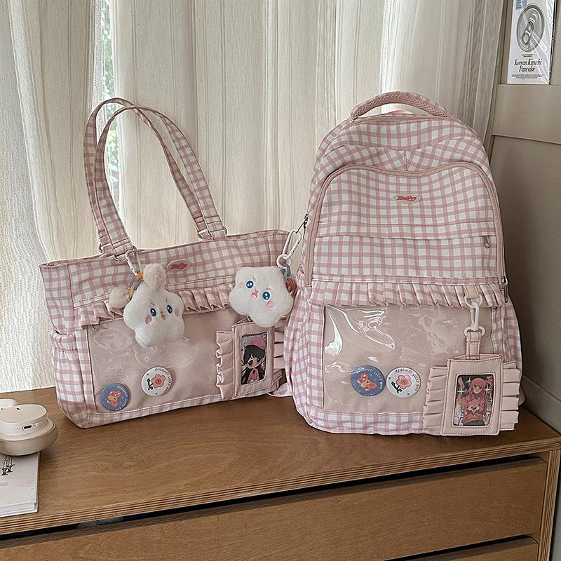 Schoolbag Korean Version Cute Plaid Schoolbag Female Junior High School Student High Value Transparent Bar Pain Bag Ins Wind Large Capacity Backpack