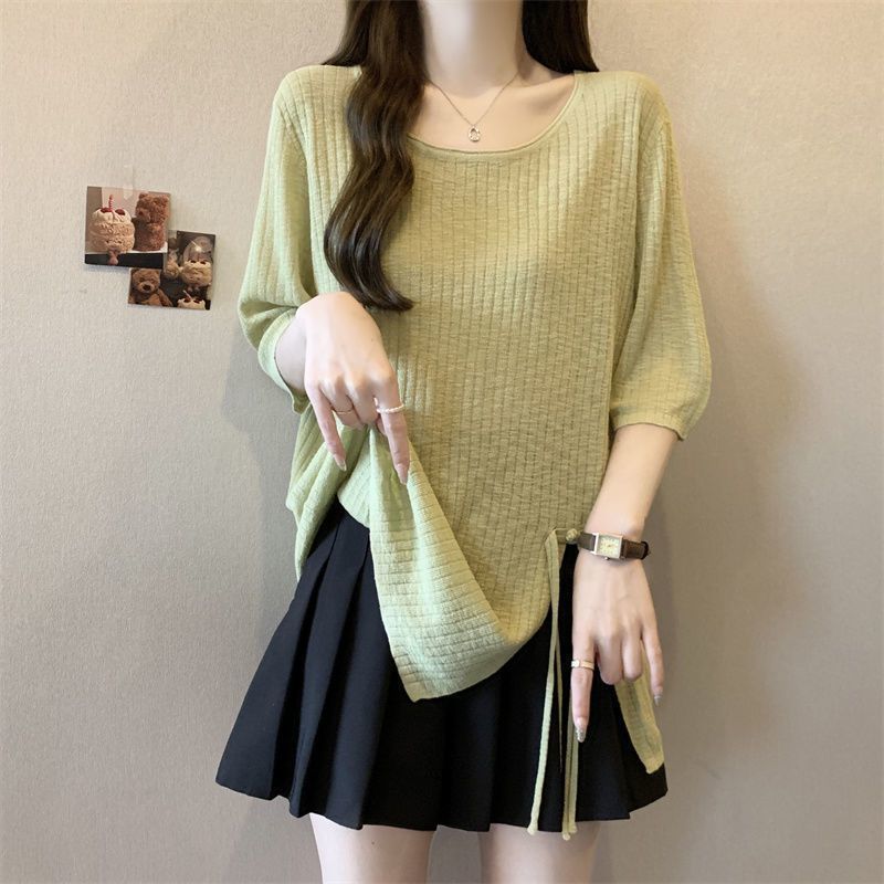 Large size fat mm pit strip irregular split short-sleeved t-shirt women's summer new loose meat cover versatile age-reducing top