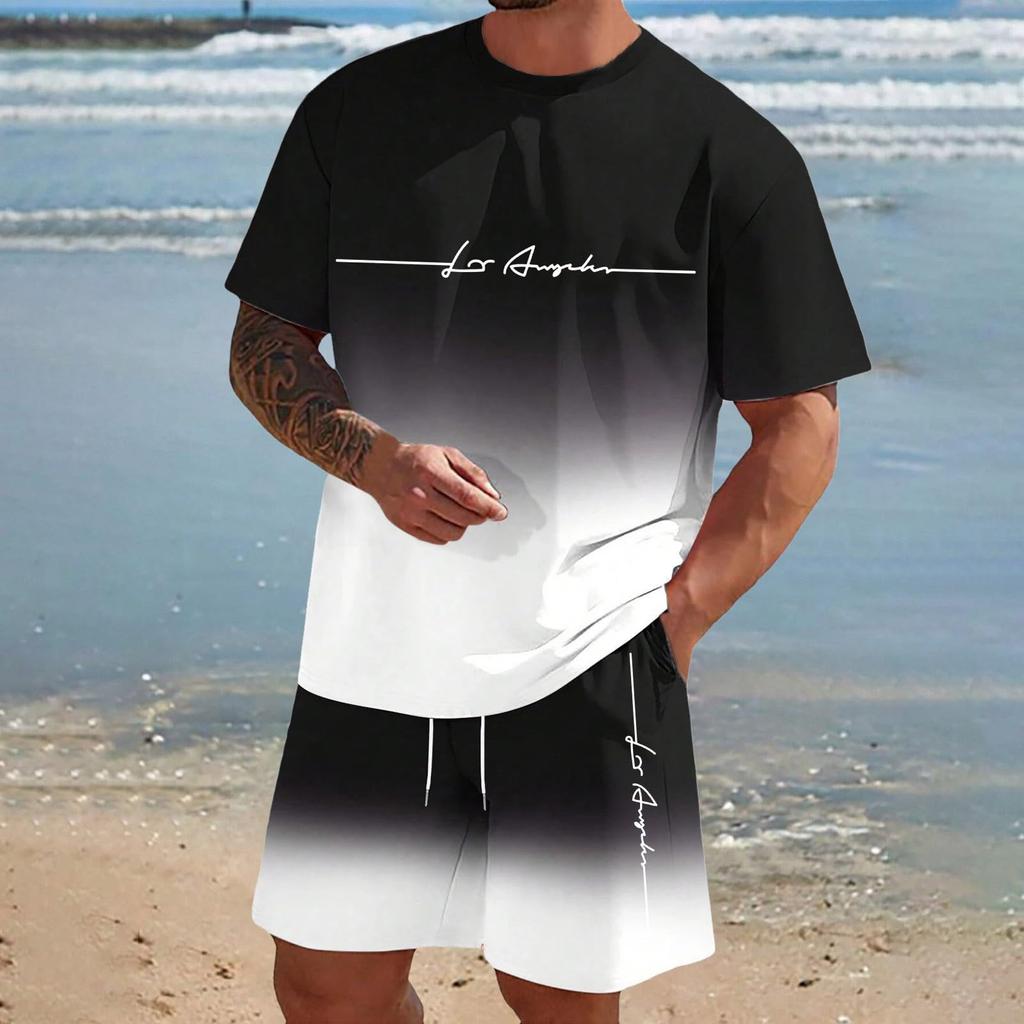 Men'S Solid Color Casual Round Neck Short Sleeved Shorts Two-Piece Set