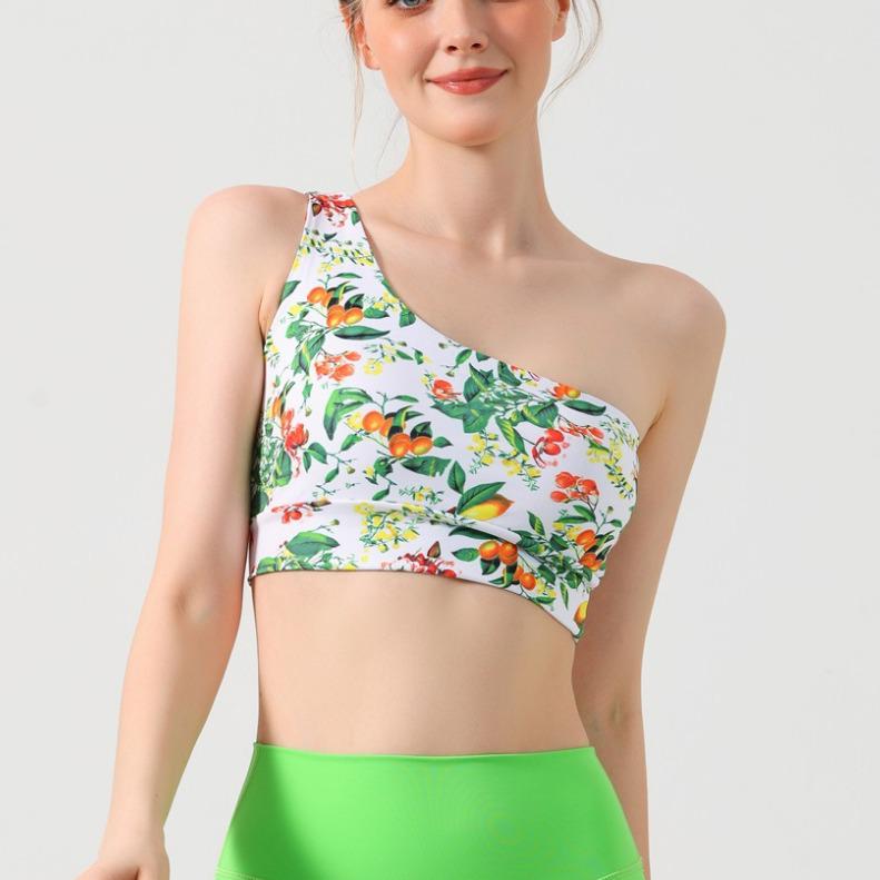 Blumiges Ein-Schulter-Yoga-Weste-Set: Damen Sport-BH & Fitnesshose mit Brustpolstern