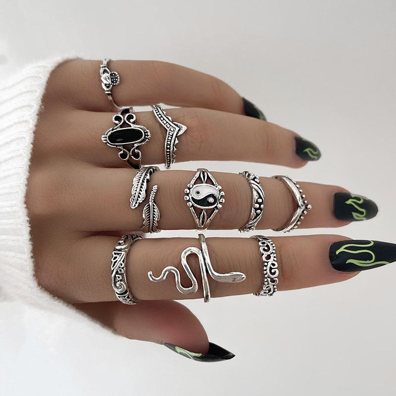 Vintage Punk Metal Multi Element Ring Set For Women Men Antique Silver Color Butterfly Snake Skull Finger Rings Gothic Jewelry