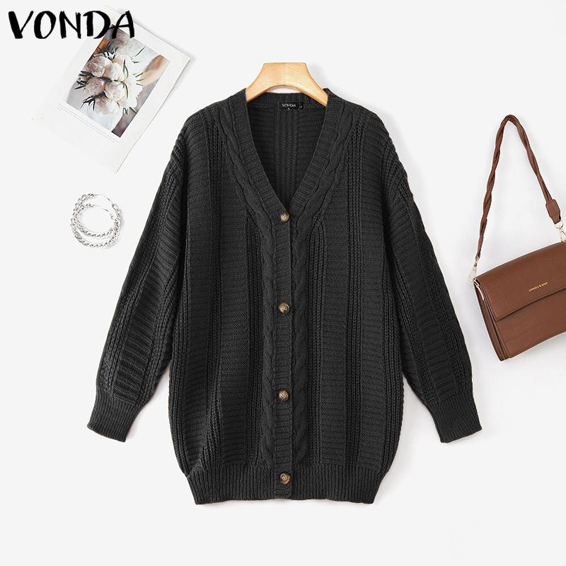 

VONDA Autumn Women Long Sleeve Texture Casual Knitted Sweaters Cardigans Coats S чёрный