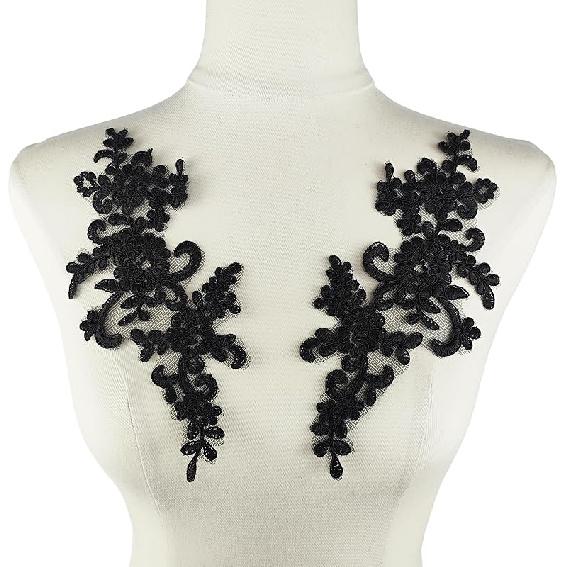 1 Pair Lace Flower Applique Beaded Rhinestones Sew On Embroidered Patches Applique Décor for Wedding Dress DIY Sewing Craft Decoration, Black 9.2 x