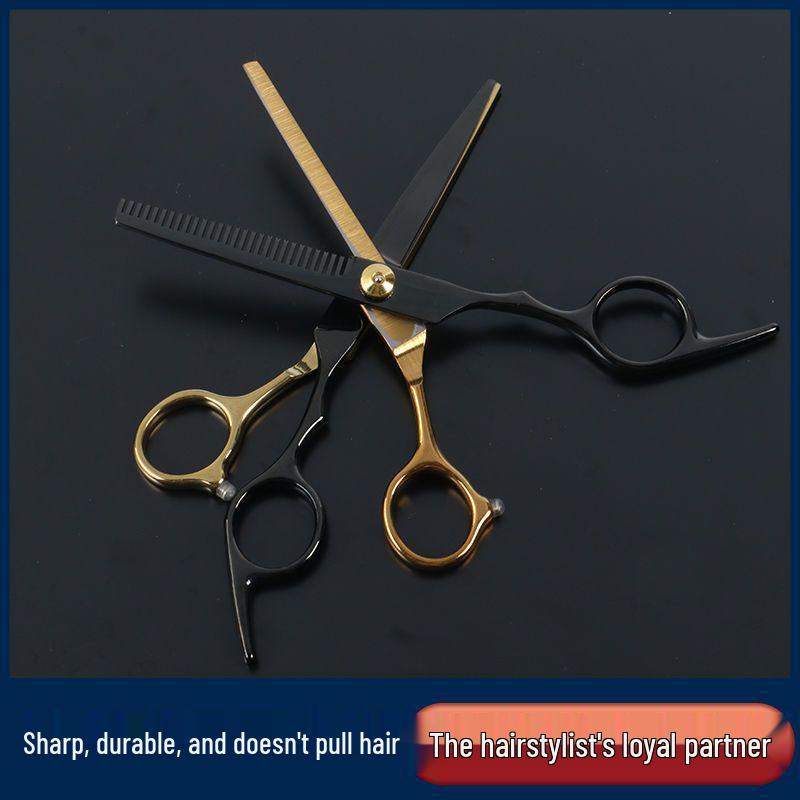 Black Gold Hairdressing Scissors Set: Flat Cut & Thinning Scissors for Women - Perfect for Home Haircuts and Bangs.