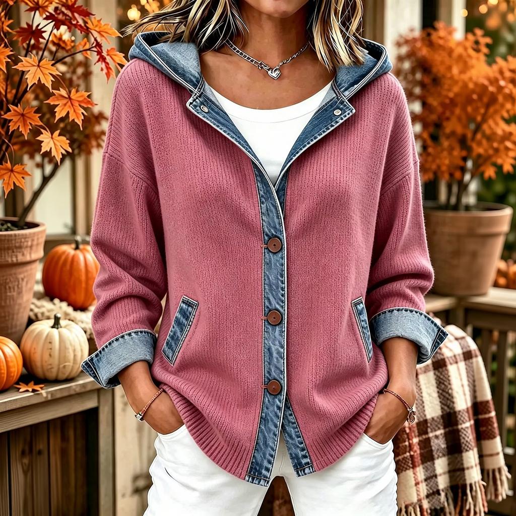 Women's Loose Fit Hooded Denim Cardigan Jacket with Trendy Patchwork for Casual Wear