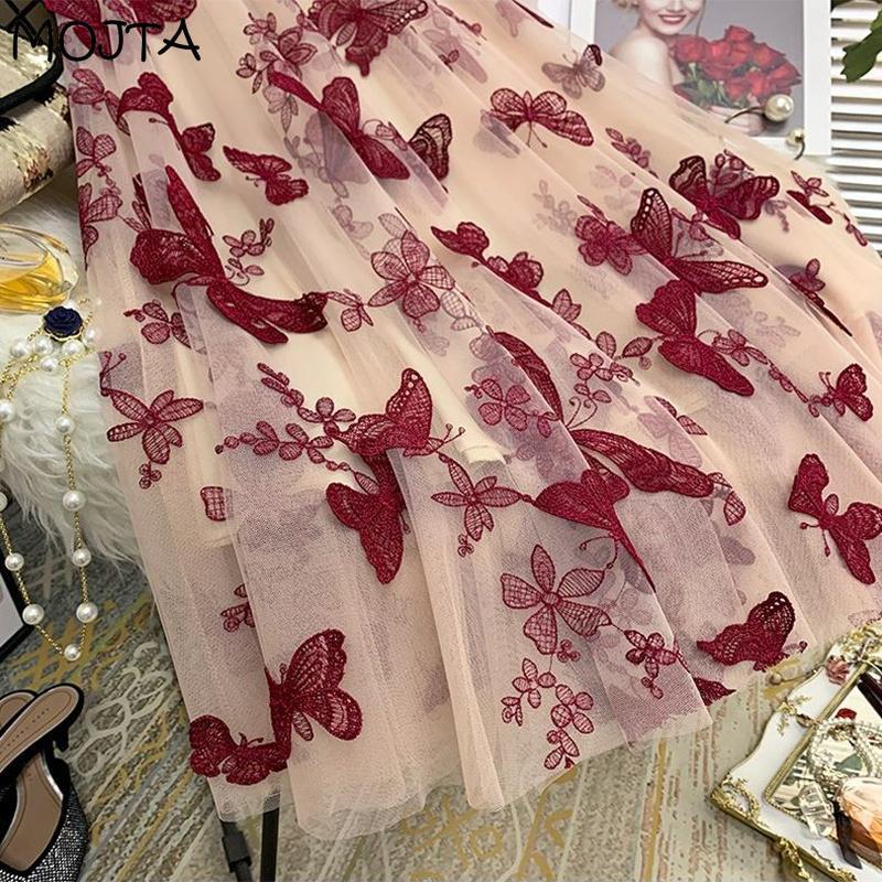 Women Spring Autumn Boho Lace Crochet Skirt Stretch High Waist Women Embroidery A-Line Skirt Women Beach Pleated Skirt