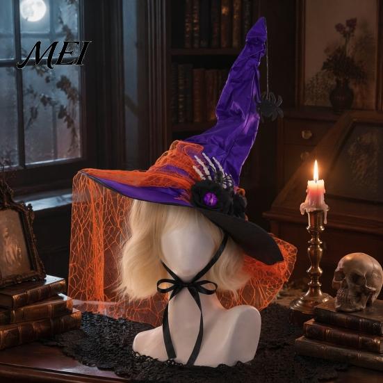 Dark Magician Cosplay Headwear Halloween Witch Hat for Women, Gothic Spider Web Mesh Skeleton Hand Multi Layered Lace Decor Rose Flower Wizard