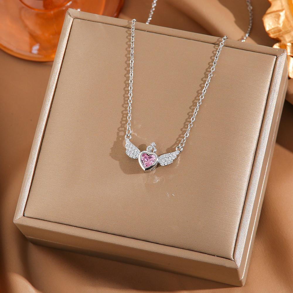 [Micro-Set Pink Zircon Titanium Steel Necklace Sweet Light Luxury Fashion Choker Jewelry]