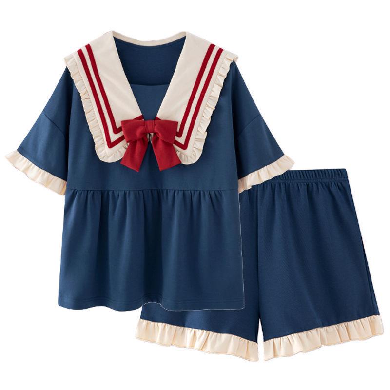 Kragen Nachtwäsche Frauen Pyjama Sets Koreanische Kurzarm Piiama Sommer Set 2 Stück Nacht Tragen Schlafen Patchwork Home Anzug