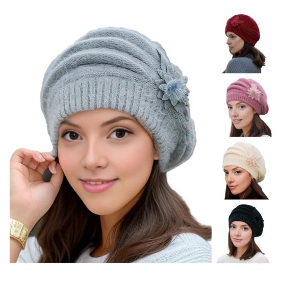 Cappello Basco Lady Flower Vintage Stile Francese Lana Cappello Basco Doppio Strato Ispessito Inverno Cappello Lavorato a Maglia per Donna