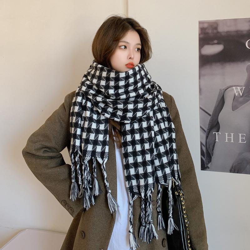 Autumn and Winter Warm Imitation Cashmere Scarf for Women New Houndstooth Braided Tassel Shawl Versatile Student Couple Scarf