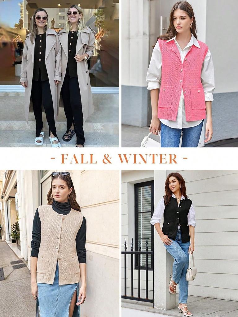 Women's Sleeveless Button Down Sweater Vest Round Neck Knit Cardigan Tank Top