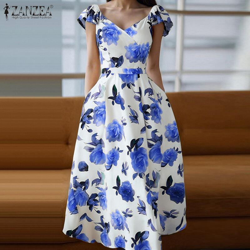 ZANZEA Vestido Casual de Mujer con Cuello en V, Manga Corta y Estampado Floral