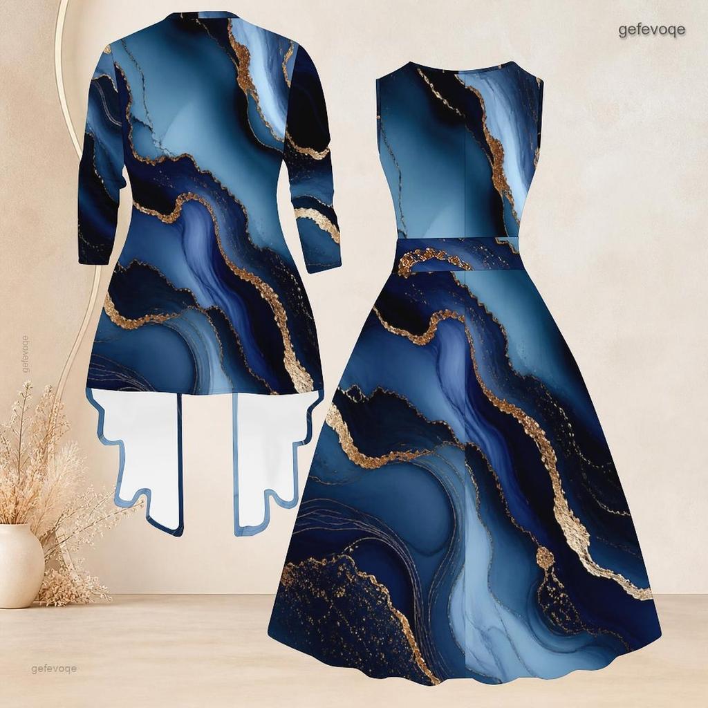 Women Plus Size Blue Marble Printed Two Piece Set Sleeveless Tie Waist Flared Dress Three Quarter Sleeve Cardigan