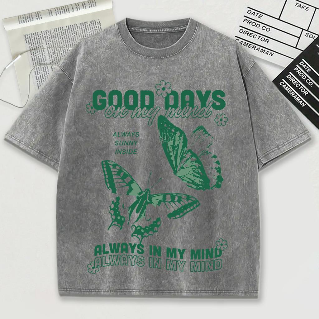Good Days On My Mund Print Men Washed Tee Shirts Soft Cotton T-Shirt Crewneck Casualwear Street Unisex Short Sleeve